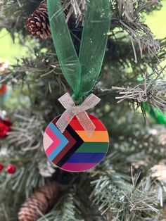 a christmas ornament hanging from a tree