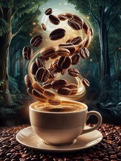 coffee is pouring into a cup in the middle of a forest with lots of beans