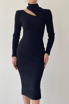 * 2OzButik Long Sleeve Dress with Cut Out * Model height 173cm, 53 kilos *Product size on mannequin Small, UK:8 - US:6 * 30 degrees machine washable FREE SHIPPING U.S.  You can see the size chart photo. XS, S, M, L. Communication: You can message us whenever you want. Our goal is to satisfy you, our customer, with our fast response. You can visit our page for wedding outfit alternatives: www.etsy.com/shop/2OzButik -All my products are ready to ship. I will ship the products within 1-3 days immed Elegant Black Ribbed Bodycon Dress, Black Sheath Bodycon Dress For Winter, Turtleneck Dress Black, Dress High Neck, Dress One Shoulder, Turtleneck Dress, Fitted Midi Dress, New Years Dress, Dress Fitted