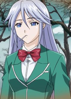 an anime character wearing a green jacket and red bow tie with trees in the background