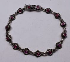 "Beautiful Cute and Dainty Unique Vintage 925 Sterling Silver Marcasite & Pink Sapphire Heart Shaped Link Bracelet good pre/owned condition measures 7 1/8\" length." Silver Vintage Jewelry, Vintage Silver Jewelry, Rose Bracelet, Sterling Silver Marcasite, Rose Vintage, Gold Heart Necklace, Funky Jewelry, Jewelry Lookbook