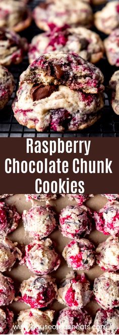 raspberry chocolate chunk cookies are cooling on a rack and then baked in the oven