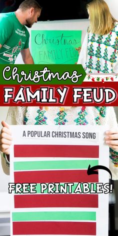 two people holding up a sign with the words christmas family feed on it and an image of