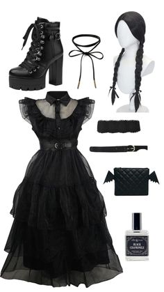 a woman's black dress and accessories including boots, gloves, bracelets, hair clips