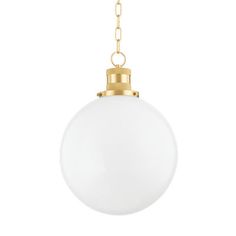 a white glass ball hanging from a gold chain on a white background with the light turned off