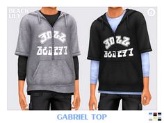 two men's hooded sweatshirts with the same name on them, one black and one gray