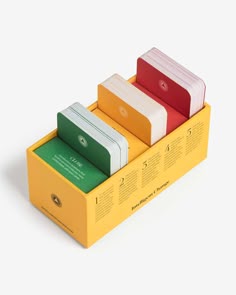 four different colored cards in a yellow box on a white surface with information about each card