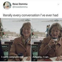 two women sitting at a table drinking coffee and talking on their cell phones, with the caption roses dommu literally every conversation i've ever had