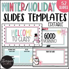 winter holiday slides templates for students to use in their class or classroom activities, including snowman and penguin