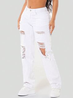 Women's Relaxed Fit Pocket Distressed Wide Leg Loose Casual Denim Pants White Casual   Denim Plain Straight Leg Non-Stretch  Women Clothing, size features are:Bust: ,Length: ,Sleeve Length: Rave Festival Outfits, Shapewear Tops, Casual Denim Pants, Jeans Casual, Women Denim Jeans, Casual Tank Tops, Inspiration Mode, Casual Denim, White Casual