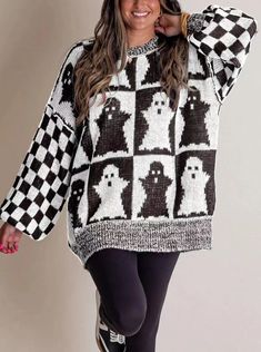 This sweater is just so cute! Featuring an allover checked pattern, the center checkers have surprised ghosts inside! This crewneck sweater features a slight lantern sleeve, smaller checkered patterned sleeves, and a marbled contrast cuffs. The seams are an edgy "contrast style", shown on the outside for a cooler look. The fabric is a thinner, lightweight knit, not a chunky sweater. 100% Polyester. This is an oversized, stretchy style. The measurements listed below are the ideal measurements for Halloween Mode, Dirndl Outfit, Halloween Festivities, Bandeau Tops, Halloween Sweater, Estilo Chic, Mini Robes, Halloween Spirit, Self Design