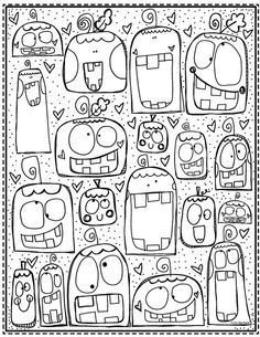 a coloring page with many different faces and shapes in black and white, on a sheet of paper