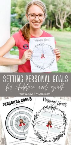 a girl holding up a paper with the text setting personal goals for children and young adults