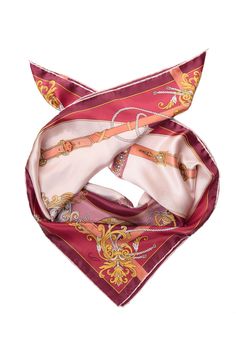 Printed on luxurious silk satin, this scarf features a charming design of pocket watches and jeweled belts, symbolizing the delicate balance of time and style. The intricate details and rich colors make this foulard a standout accessory, perfect for adding a touch of sophistication and playful charm to your wardrobe. Classic foulard size: Approx. 35" x 35". Once made famous by the likes of Audrey Hepburn, Sophia Loren and Grace Kelly, a foulard will always add a touch of elegance to your look. H Classic Gold Silk Scarf, Chic Gold Silk Scarves, Chic Gold Silk Scarf, Elegant Rectangular Silk Scarf As Gift, Elegant Rectangular Silk Scarf Gift, Elegant Rectangular Silk Scarf For Gifts, Elegant Rectangular Silk Scarf For Gift, Chic Square Silk Scarf For Formal Occasions, Formal Chic Square Silk Scarf