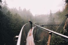 a man walking across a suspension bridge in the middle of a forest with trees on both sides