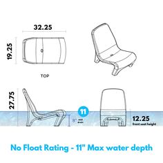 an image of the no float chair and its measurements