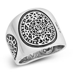 Sterling Silver Aztec Calendar Ring, Aztec Ring, Ring For Men, Boyfriend Ring Made With .925 Sterling Silver Available In Sizes 7 8 N9 10 11 12 13 14 15 Face Height: 19 Mm Silver Engagement Rings Round, Mexican Symbols, Boyfriend Ring, Mexican Ring, Aztec Rings, Toes Ring Silver, Ring For Boyfriend, Pinky Rings, Mayan Calendar