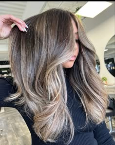 Balayage Ombre Ash Blonde, Ash Blonde On Brunette Hair, Beige Blonde Hair Dark Roots, Ash Blonde Balayage On Dark Hair Short, Beige Bayalage Hair, Ash Brown Balayage With Money Piece, Beige Blonde Balayage On Dark Hair, Black Roots Blonde Hair Balayage, Ashy Blonde Hair Dark Roots