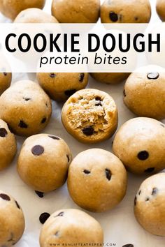 chocolate chip cookie dough protein bites with text overlay