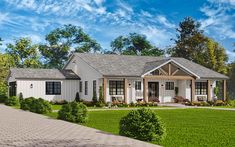 this is an artist's rendering of a house in the country style with lots of windows