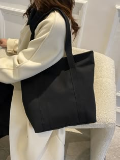 Black Preppy   Canvas Plain Shoulder Tote Bag    Women Bags Big Bag Outfit, Big Bags For Women, Black Tote Bag Aesthetic, Canvas Tote Bag Outfit, Bag For University, University Tote Bag