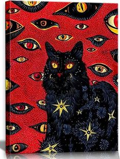 a painting of a black cat surrounded by many stars and moon eyes on red background