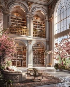 a living room filled with lots of furniture and bookshelves next to a window