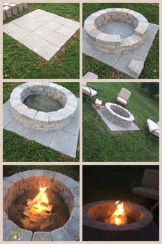 an outdoor fire pit made out of concrete blocks