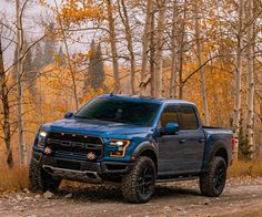 a blue truck driving down a dirt road next to trees with yellow leaves on them