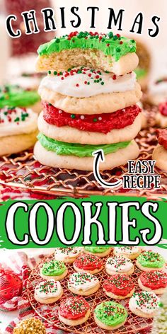 christmas cookies are stacked on top of each other with the words easy recipe cookies over them