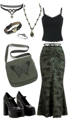 Green Whimsigoth Outfit Witchcore Aesthetic Outfits, Green Grunge Outfit, Green Whimsigoth, Goth Fashion Men, Goth Outfits Aesthetic, Green Goth, Goth Outfit Inspo, Dark Grunge