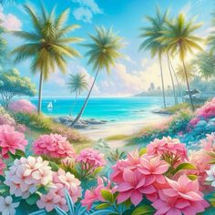 a painting of flowers and palm trees by the ocean