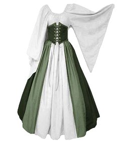 a white and green dress with long sleeves