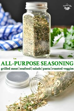 a jar filled with seasoning sitting on top of a table