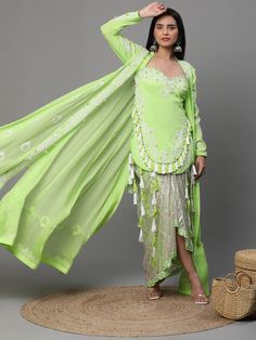 Neon Green Colour Suit, High Low Pattern White Cutwork, Dhoti and Jacket Pure crepe 3(Suit, Dhoti, Cape) Suit Designer Neck Design For Suits, Suits Party Wear Indian, Kurtis Style, Cape Suit, Latest Suit Styles, Unique Dress Design, Classy Rooms, Cord Set, Global Dress