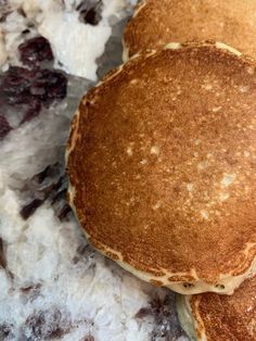 three pancakes are stacked on top of each other