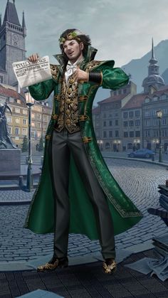 a man dressed in green and gold holding a newspaper while standing on a cobblestone street