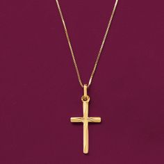 Ross-Simons - Italian 18kt Yellow Gold Diamond-Cut Cross Pendant Necklace. 16". Fashion meets religion in this beautiful cross necklace from Italy. A diamond-cut star glints at the center of the 18kt yellow gold cross pendant, presented on a box chain. Springring clasp, 18kt yellow gold cross pendant necklace. Diamond birthstones are the perfect gift for April birthdays. Cross Pendant Necklace Woman, Yellow Gold Cross Necklace, Vintage Cross Necklace, Pendant Necklace Diamond, Cross Necklace Simple, Accesories Jewelry, Diamond Birthstone, Beautiful Cross, Gold Cross Necklace