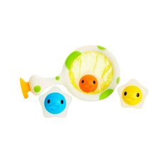 three plastic toys that look like ducks in the water and one has a net on it's head