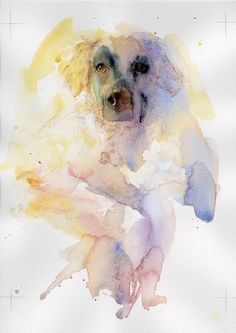 a watercolor painting of a dog with yellow and blue colors on it's face