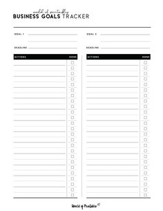 a printable business goal tracker is shown in the middle of this page, which includes tasks