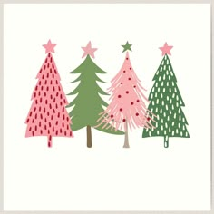 three christmas trees with stars on them in pink, green and blue colors against a white background