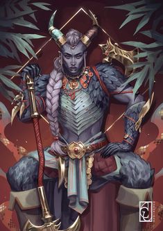 an illustration of a man with horns and armor holding two swords in his hands while sitting on a pillar