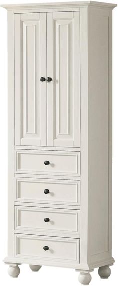 a white armoire with drawers and knobs on the bottom drawer is shown in front of a white background