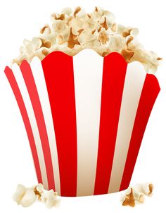 a red and white striped popcorn bucket filled with popcorn kernels on a white background