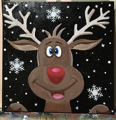 a painting of a reindeer with snowflakes on it's antlers and nose