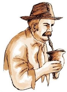 a drawing of a man in a hat drinking out of a cup with a straw