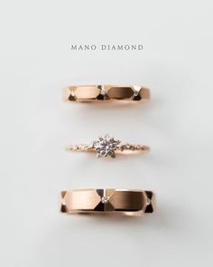 three different types of diamond rings on white background with text overlay that reads mano diamond