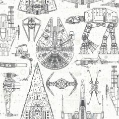 the star wars vehicles are shown in black and white, as well as some type of vehicle