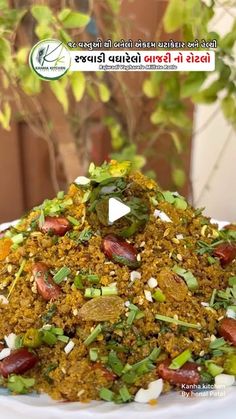 a white plate topped with lots of food on top of a wooden table next to a potted plant